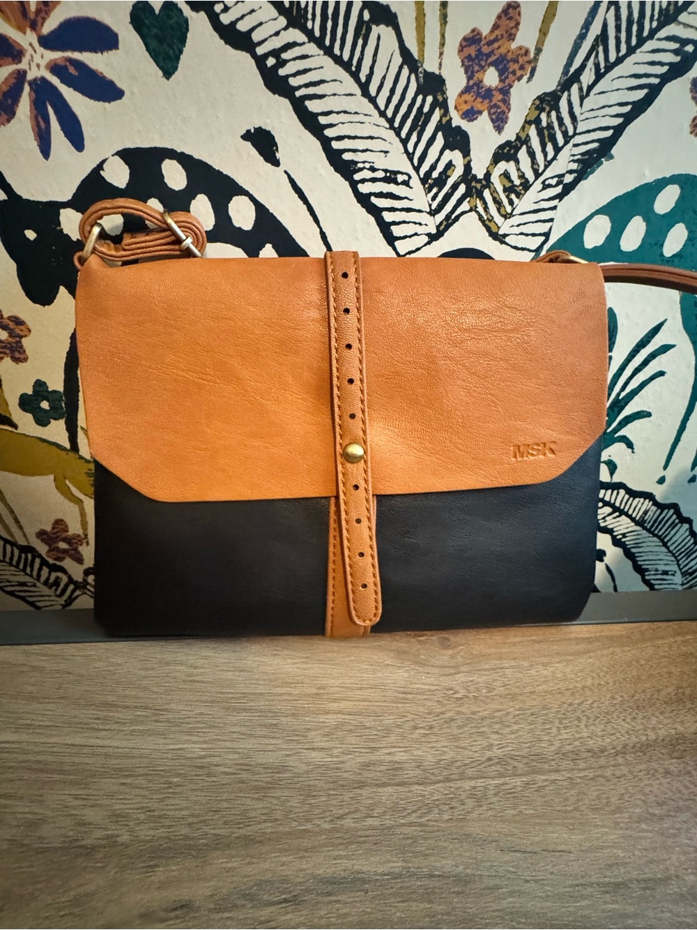 MSK Black and Tan Leather Crossbody Purse